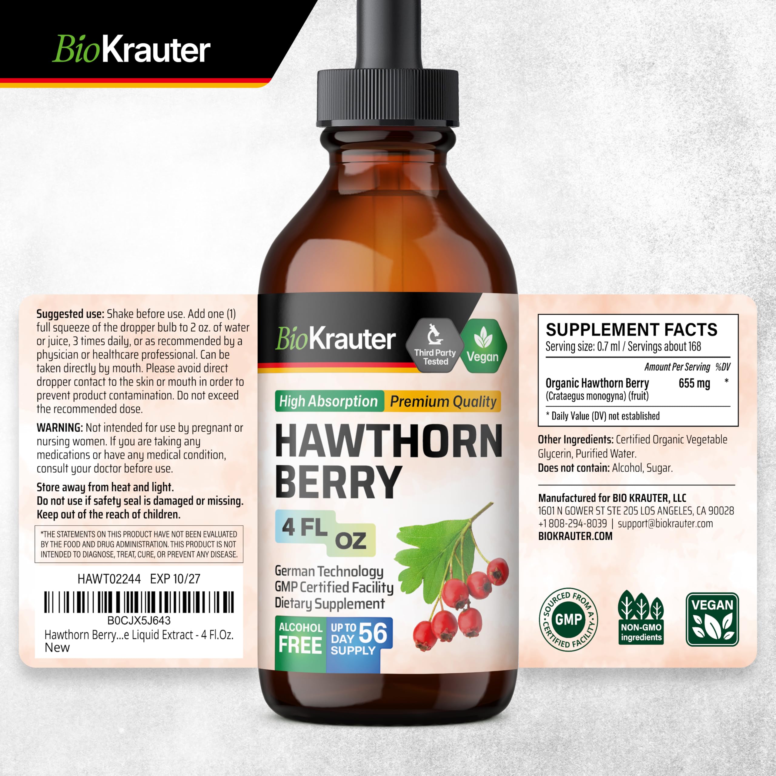 4 fl oz BIO KRAUTER Hawthorn Drops with 168 servings label