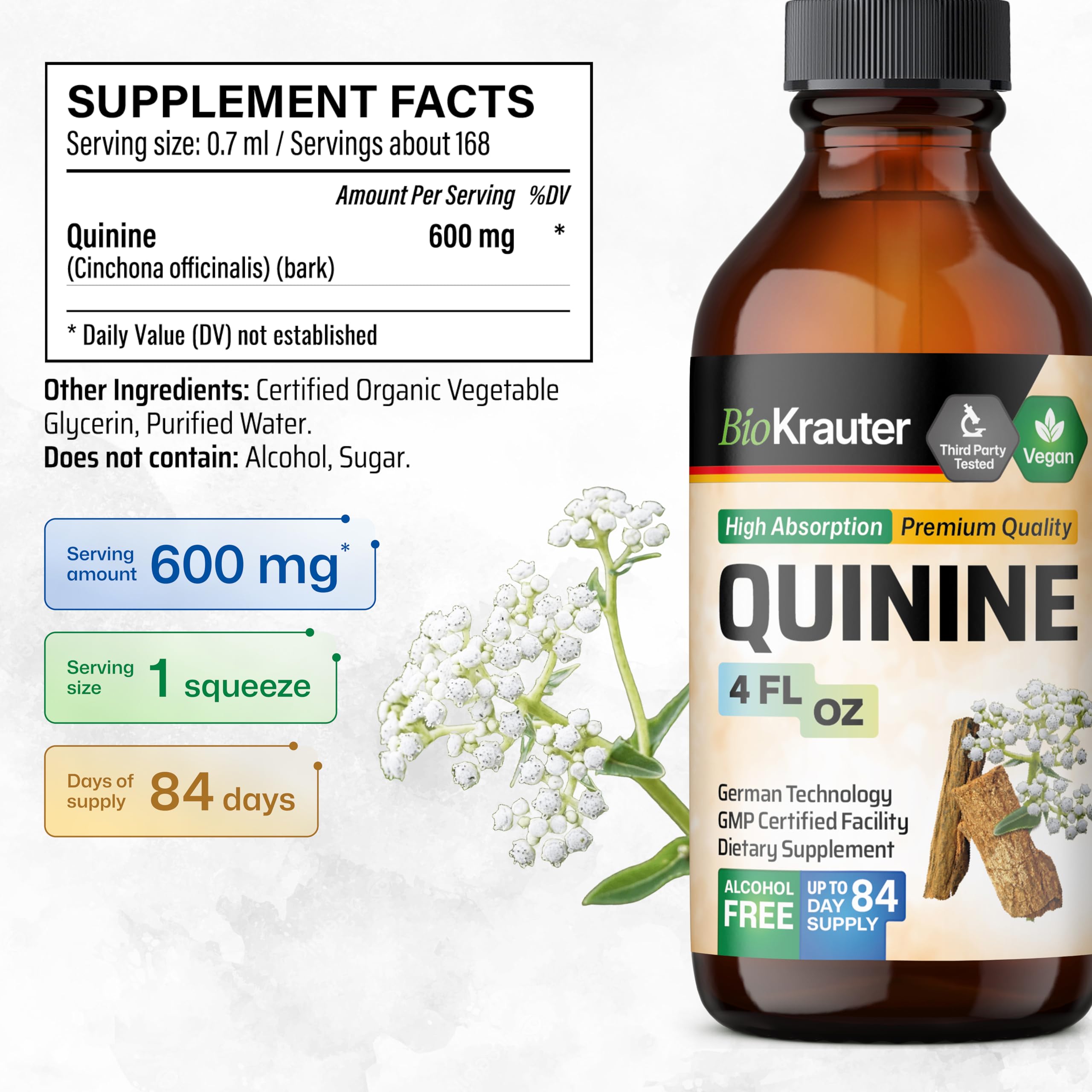 Visual of the three-ingredient formula: water, glycerin, and quinine bark in BIO KRAUTER tincture.