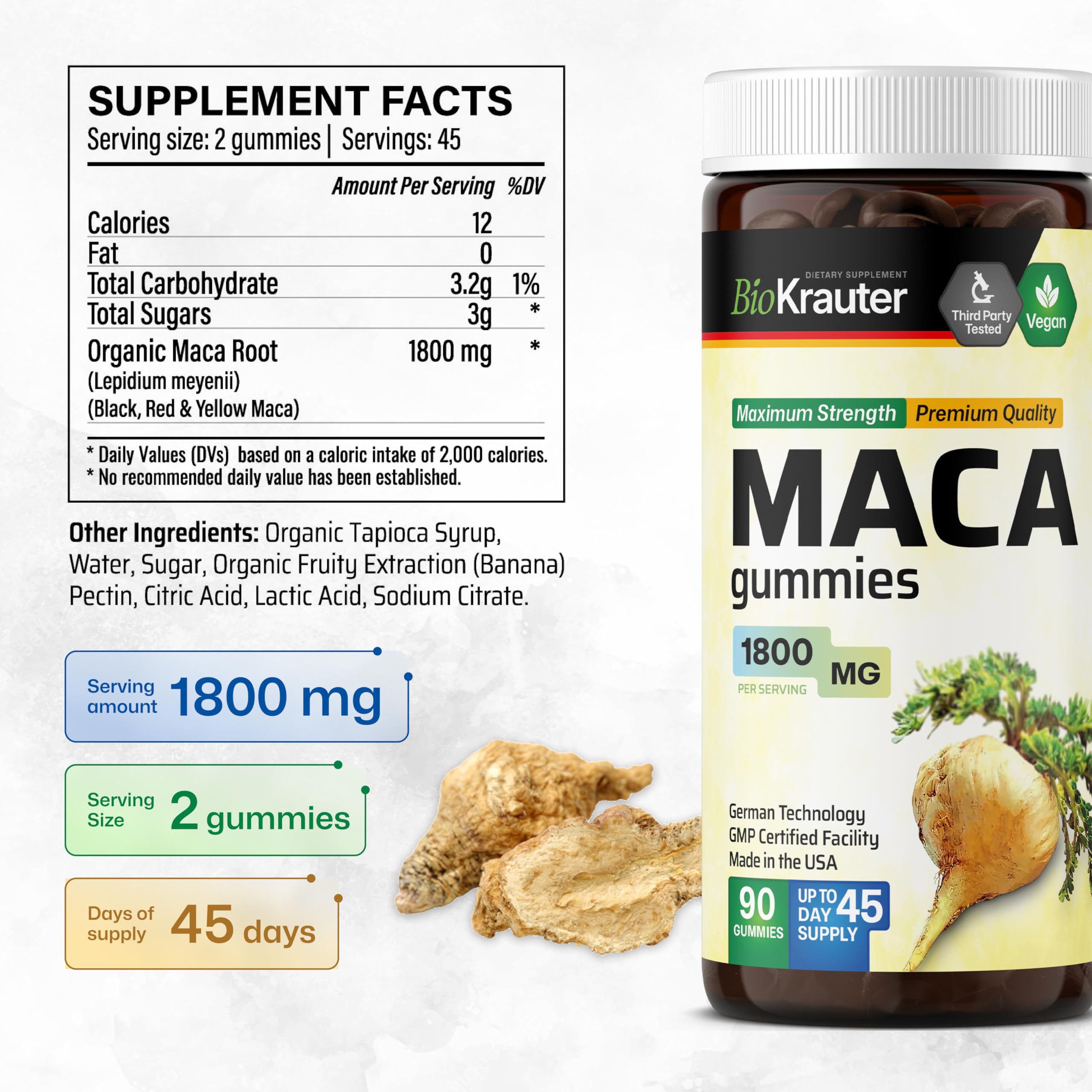BioKrauter maca gummies banana flavor highlighting vegan, non-GMO formulation.