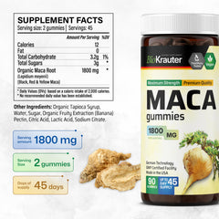 BioKrauter maca gummies banana flavor highlighting vegan, non-GMO formulation.