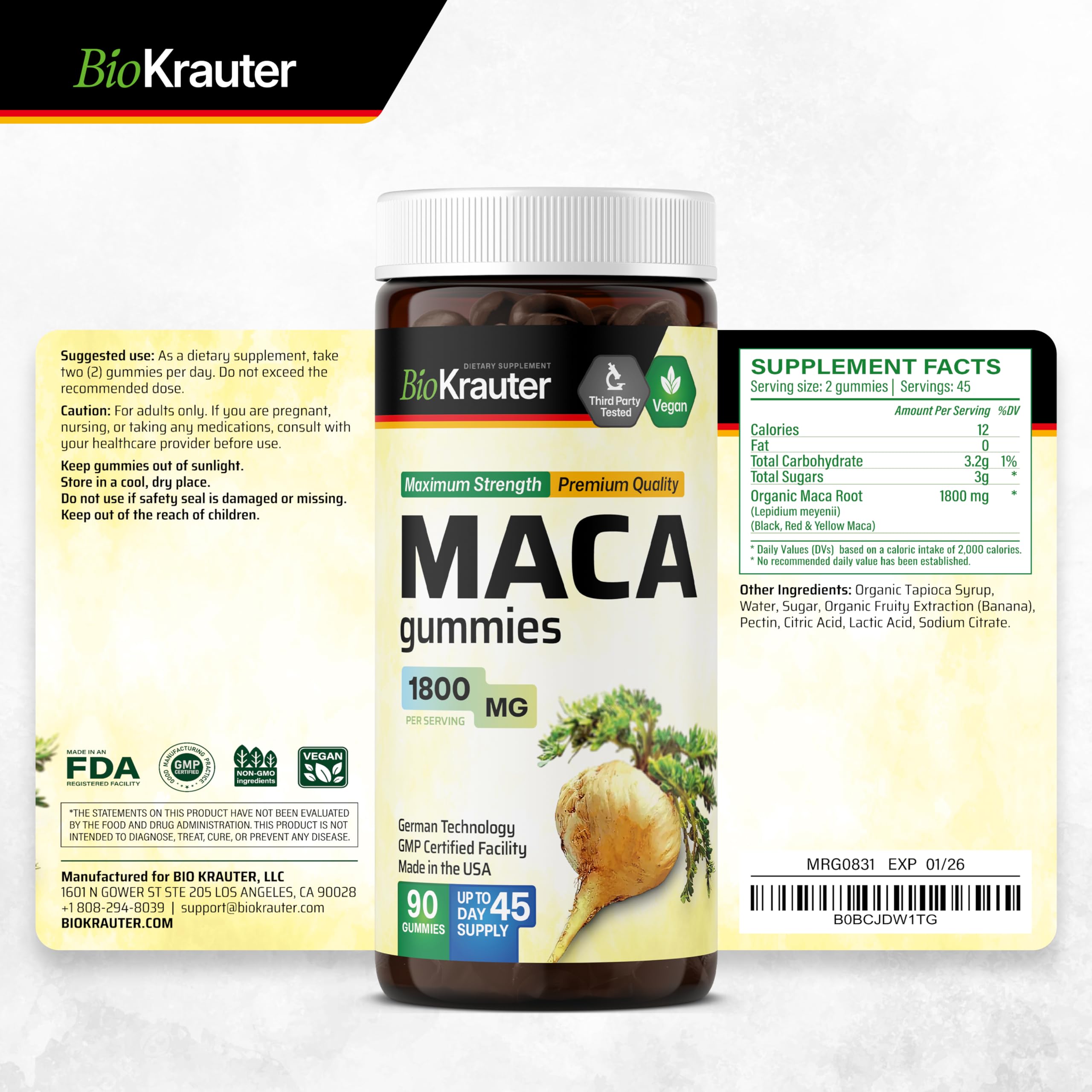 BioKrauter Maca Root Gummies package on a clean countertop.