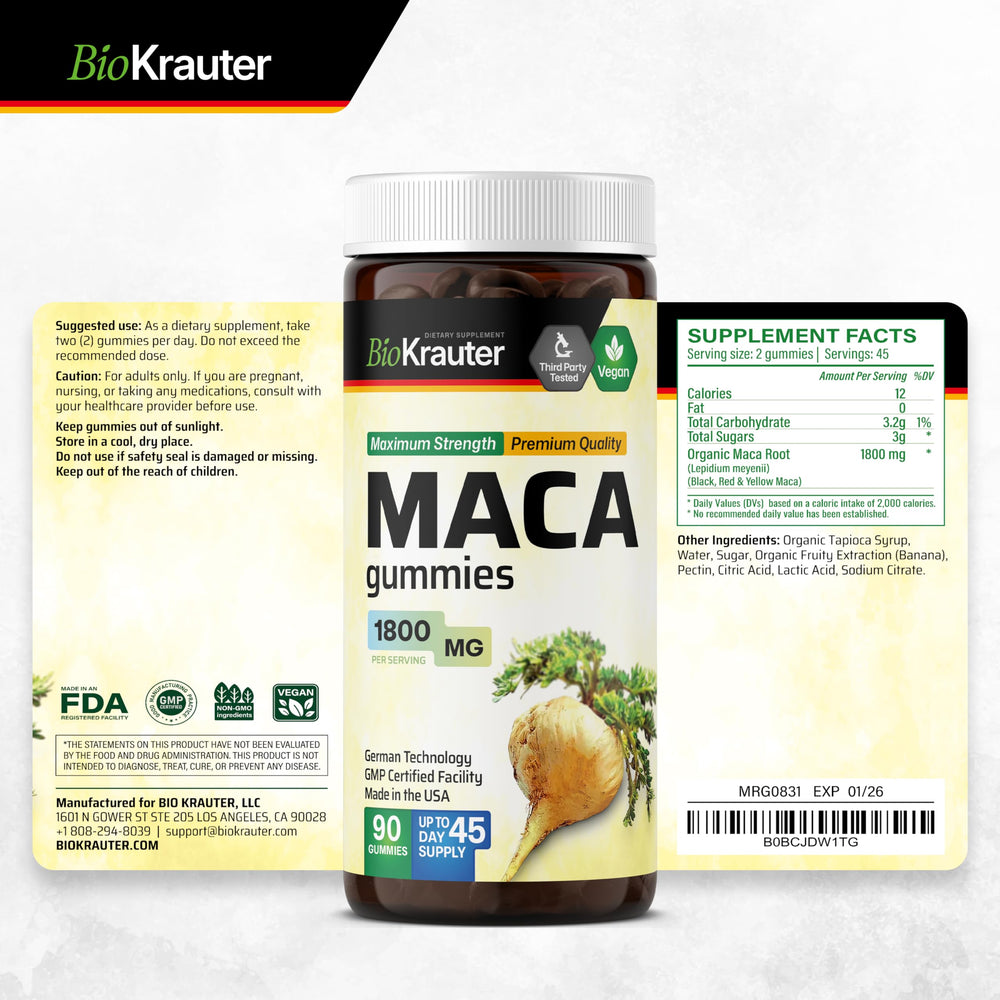BioKrauter Maca Root Gummies package on a clean countertop.