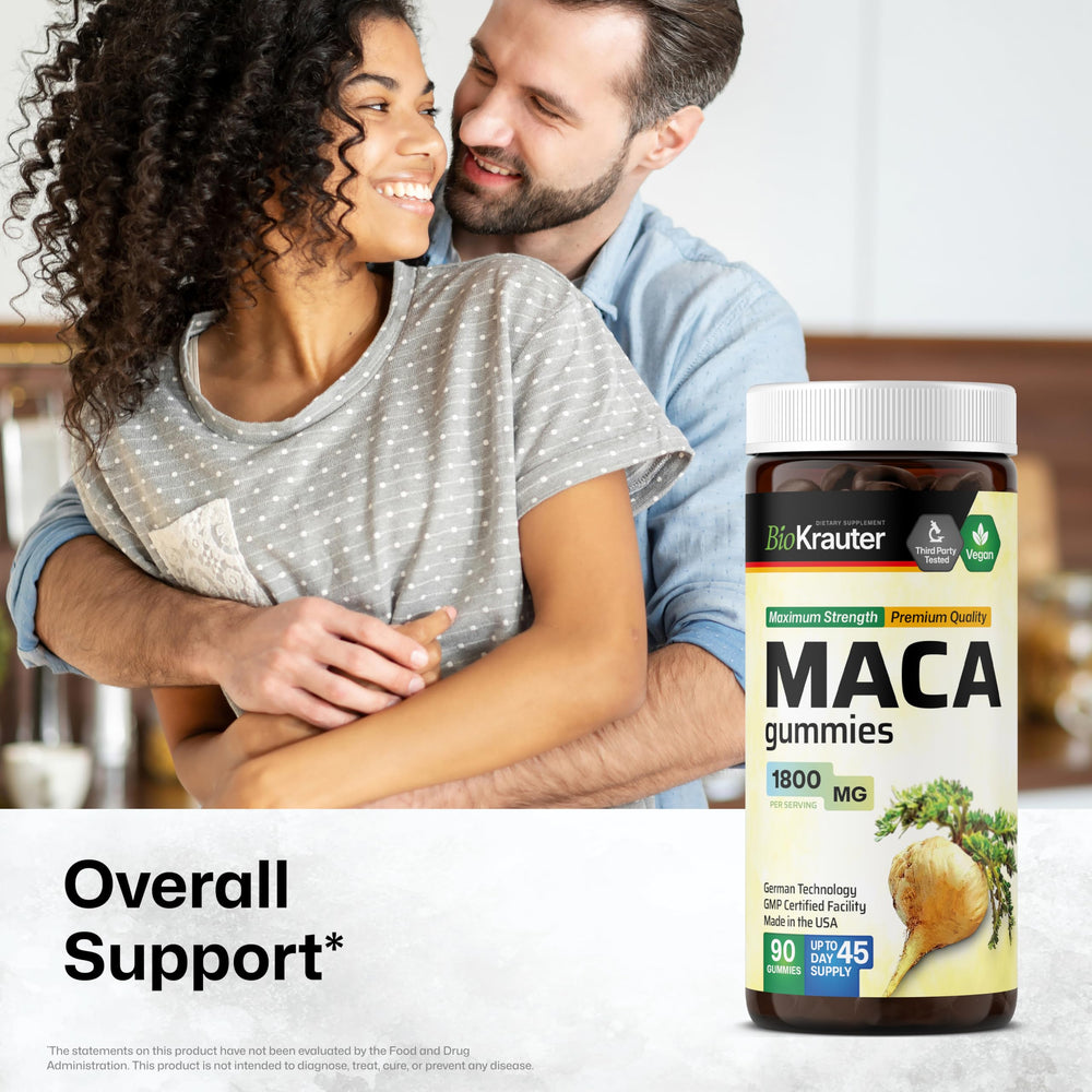 BioKrauter maca gummy texture close-up highlighting natural banana flavor.