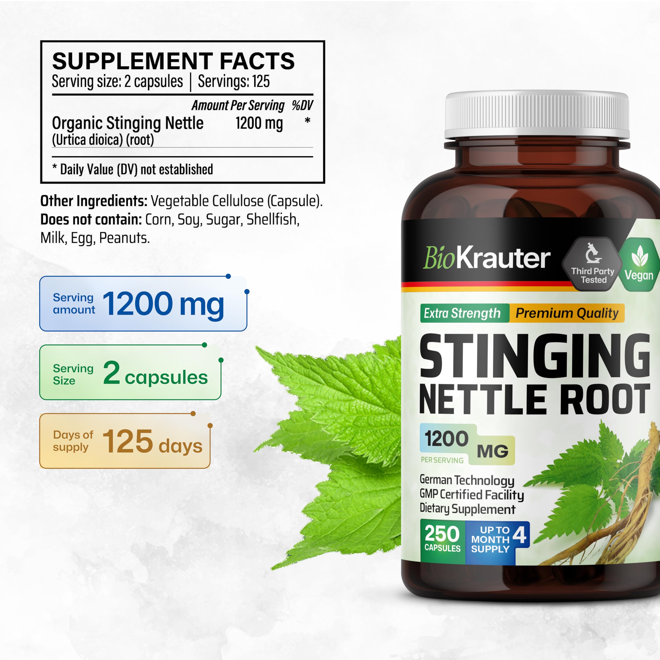 BIO KRAUTER nettle root powder capsules arranged to show natural source