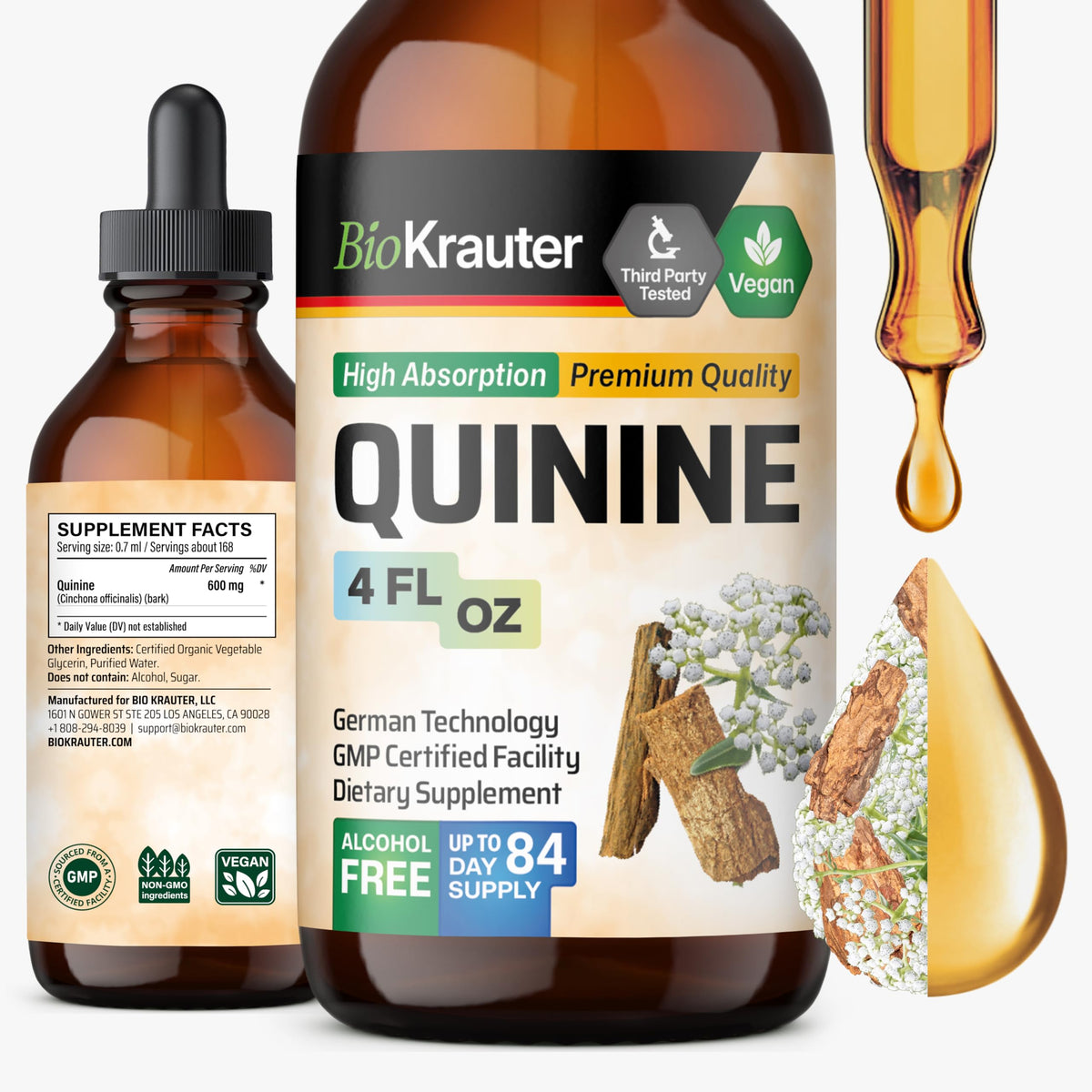 BIO KRAUTER quinine tincture bottle shown on a clean surface highlighting a vegan, alcohol-free formula.