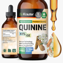 BIO KRAUTER quinine tincture bottle shown on a clean surface highlighting a vegan, alcohol-free formula.