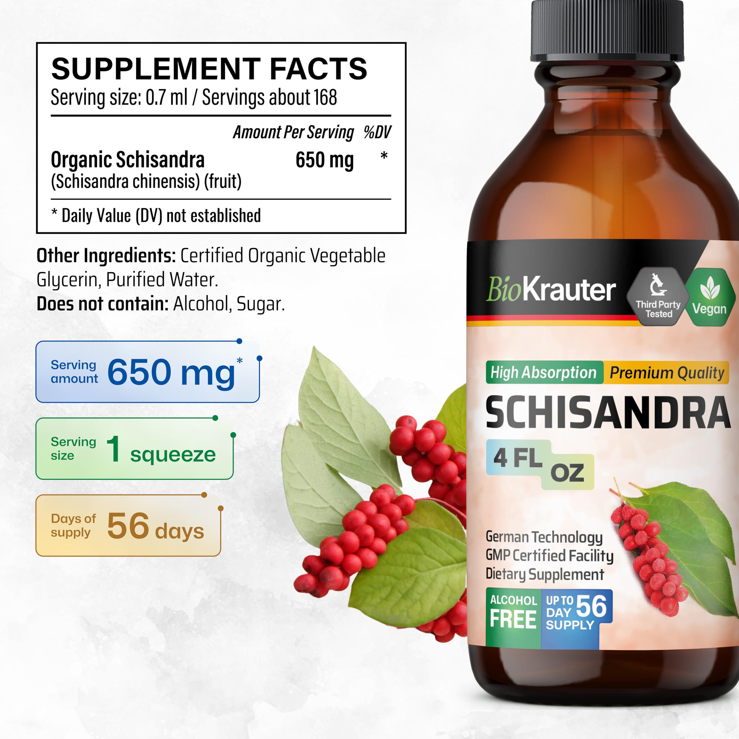 Close-up of BIO KRAUTER Schisandra label on bottle.