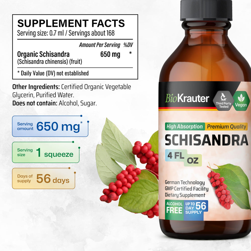 Close-up of BIO KRAUTER Schisandra label on bottle.