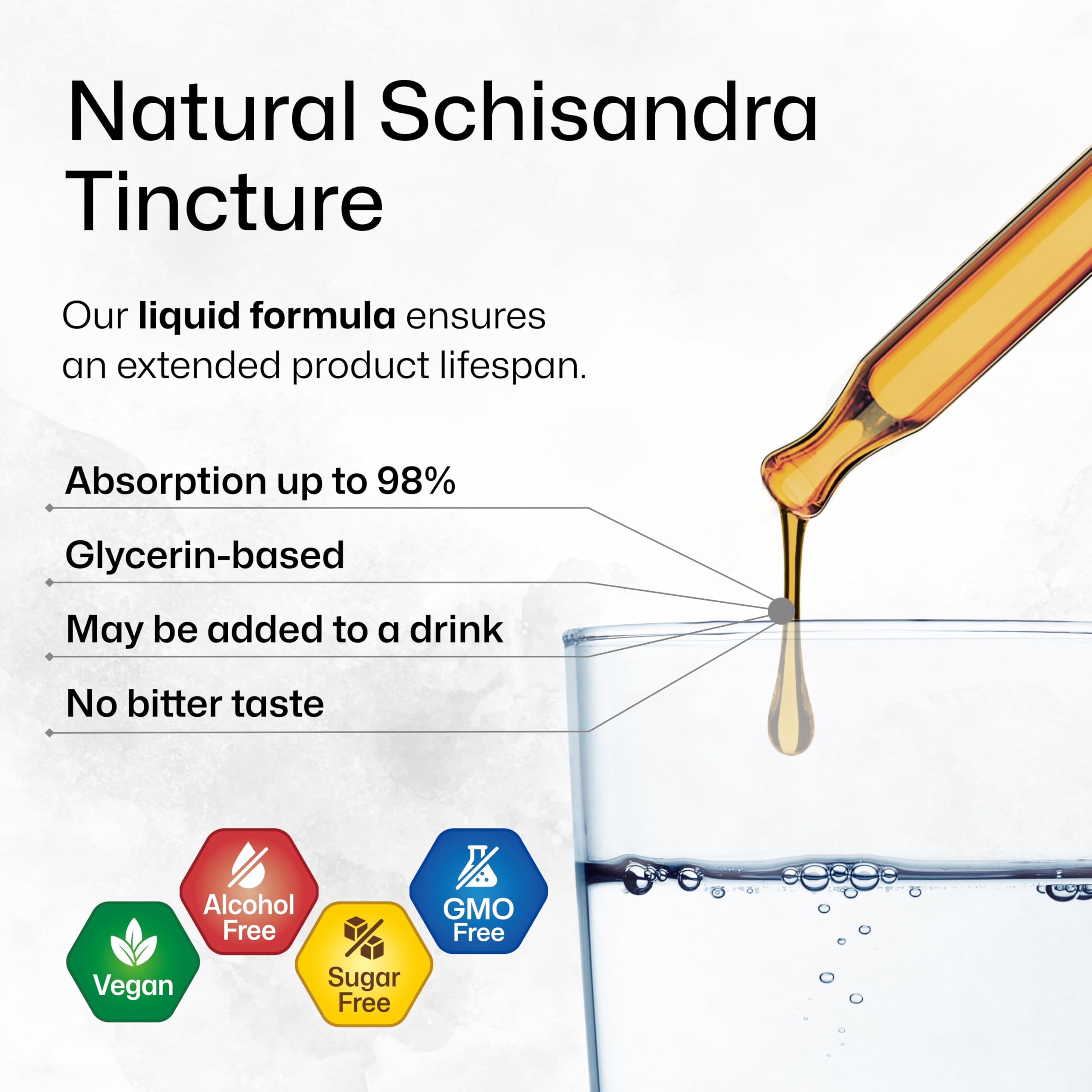 Schisandra drops poured into a glass of water for daily use.