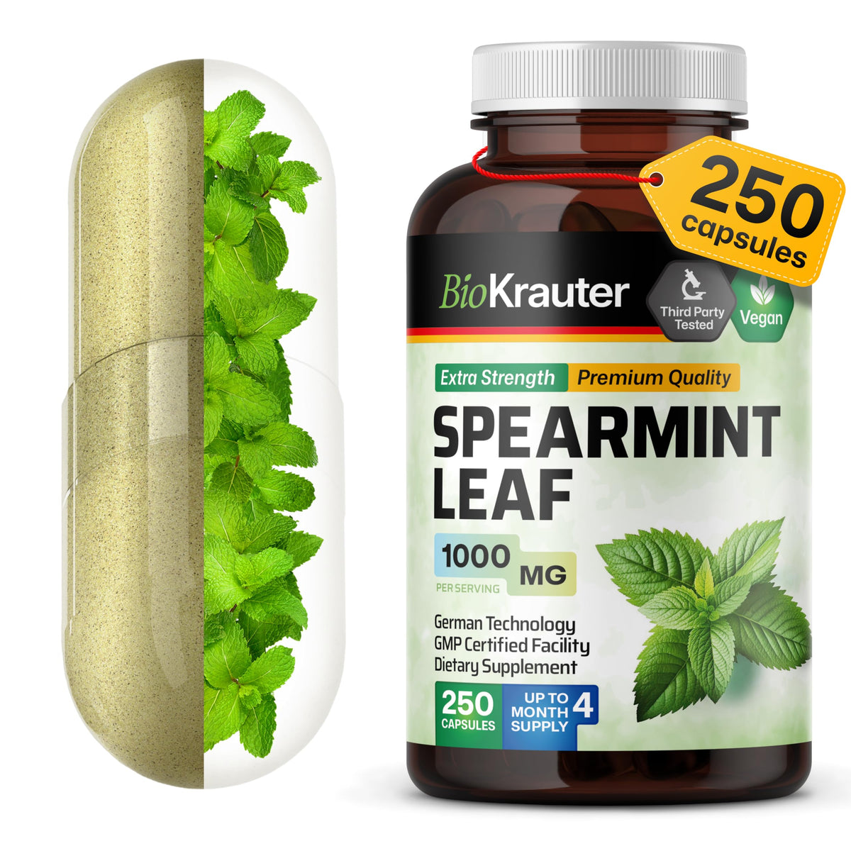 BIO KRAUTER Spearmint Capsules bottle front showcases vegan and GMO-free supplement for daily wellness.