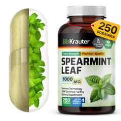 BIO KRAUTER Spearmint Capsules bottle front showcases vegan and GMO-free supplement for daily wellness.