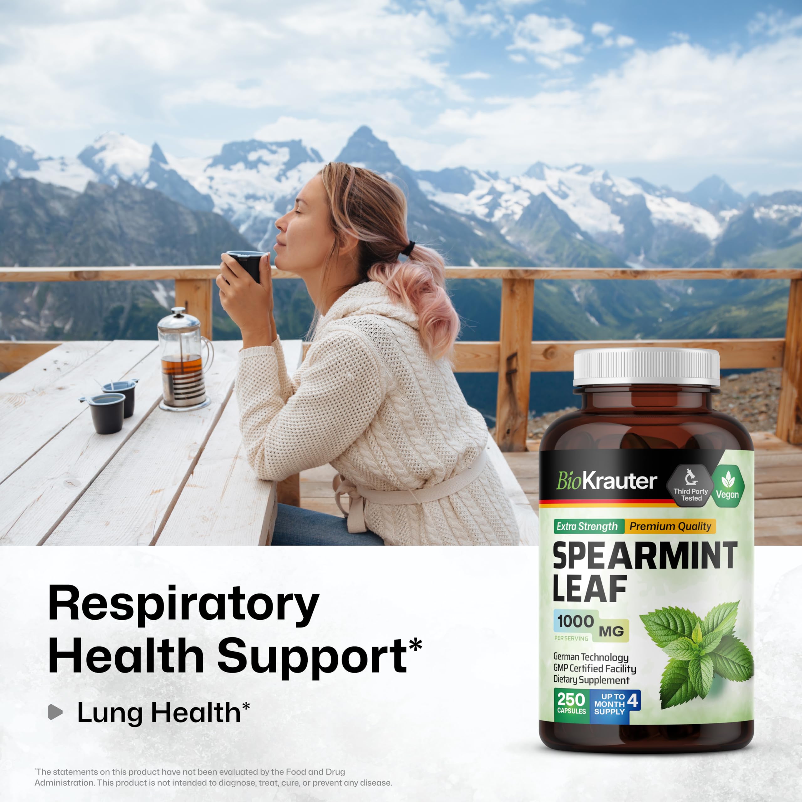 BIO KRAUTER Spearmint Capsules bottle label shows 1000 mg per capsule in a 250-count pack.