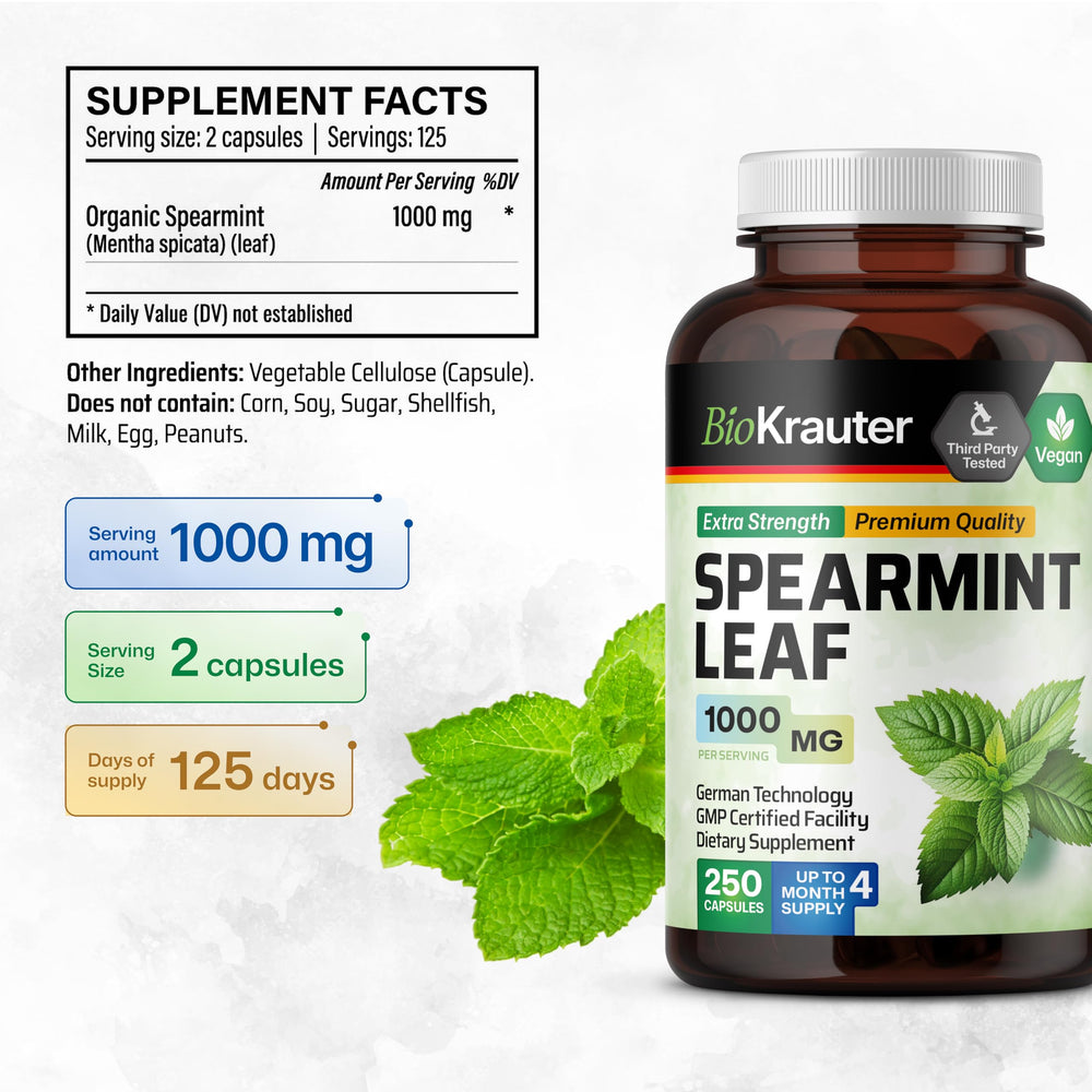 BIO KRAUTER Spearmint Capsules closeup reveals smooth, easy-to-swallow vegan capsules.
