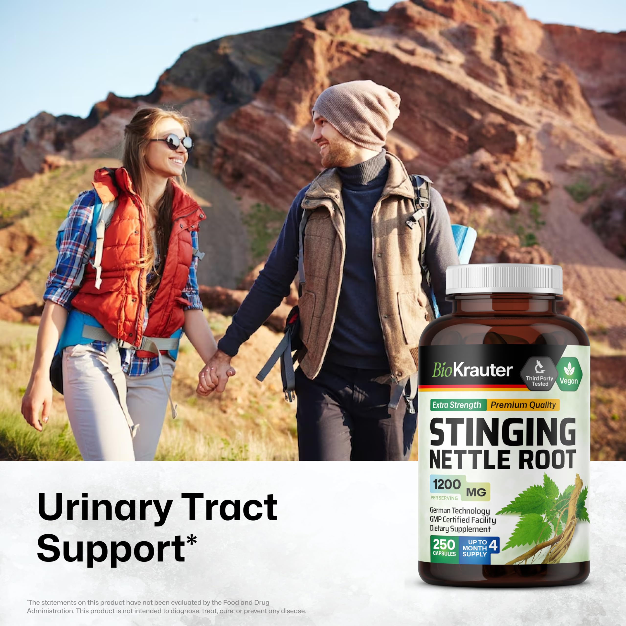 Close-up of BIO KRAUTER nettle capsules label highlighting non-GMO vegan formula