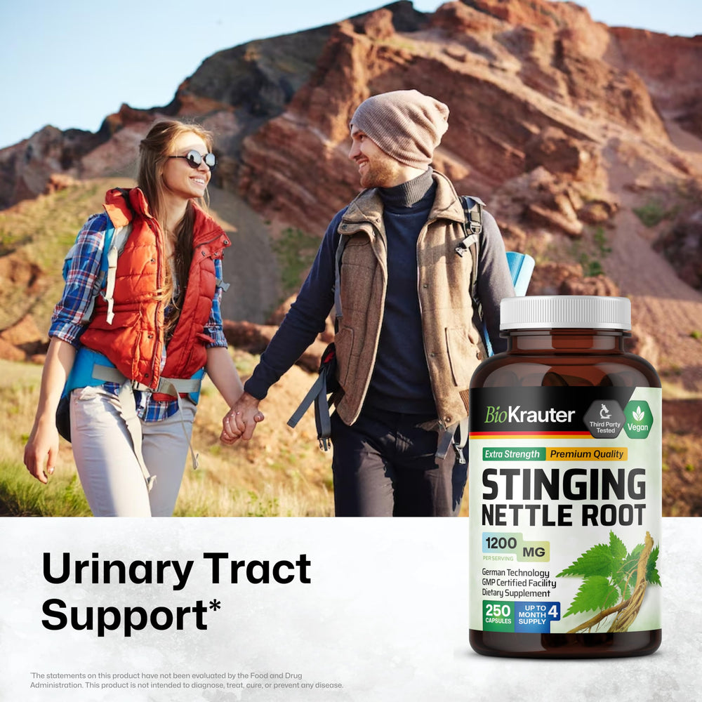 Close-up of BIO KRAUTER nettle capsules label highlighting non-GMO vegan formula