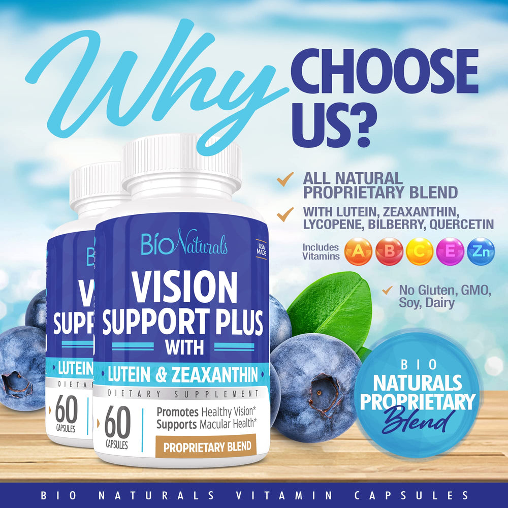 Bio Naturals eye vitamin pills close-up highlighting capsule texture for daily use.