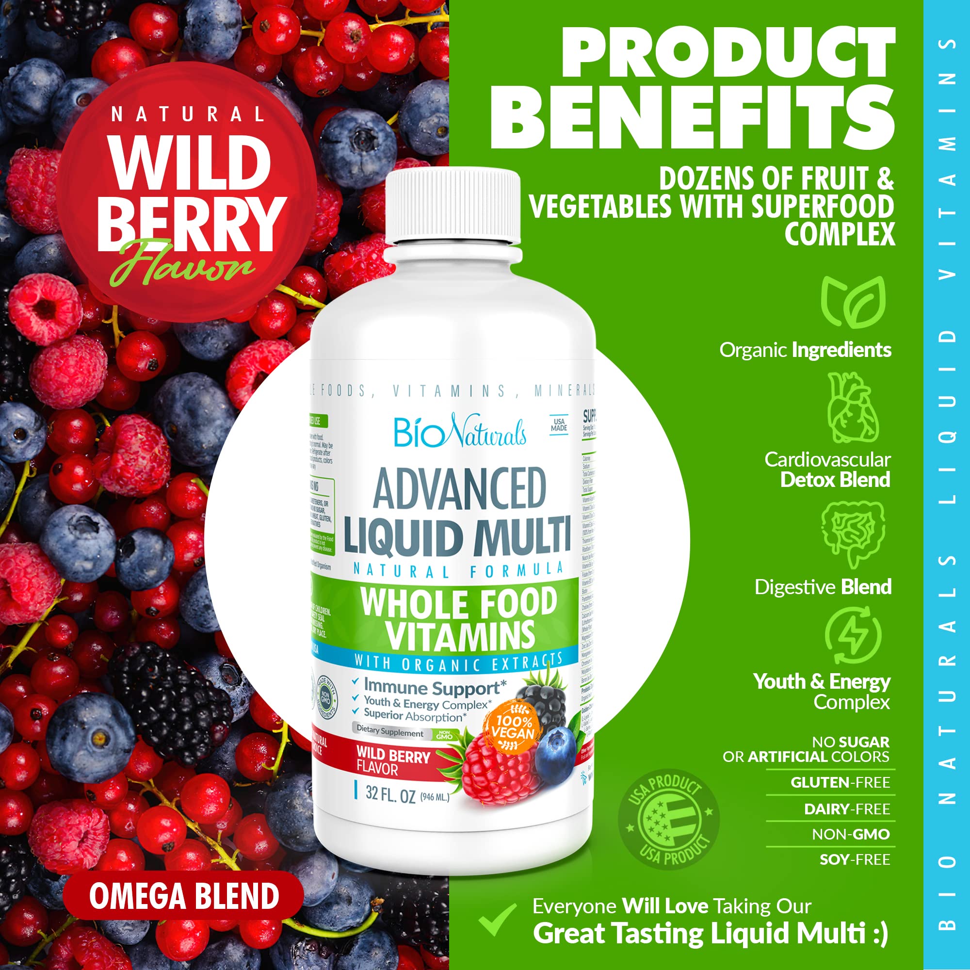 Bio Naturals Liquid Multi glass serve demonstrates convenient daily supplement in liquid form.
