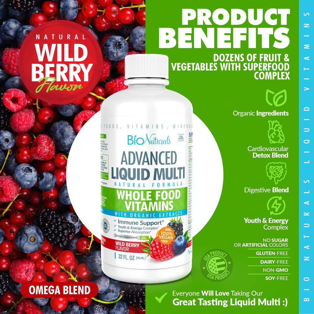 Bio Naturals Liquid Multi glass serve demonstrates convenient daily supplement in liquid form.