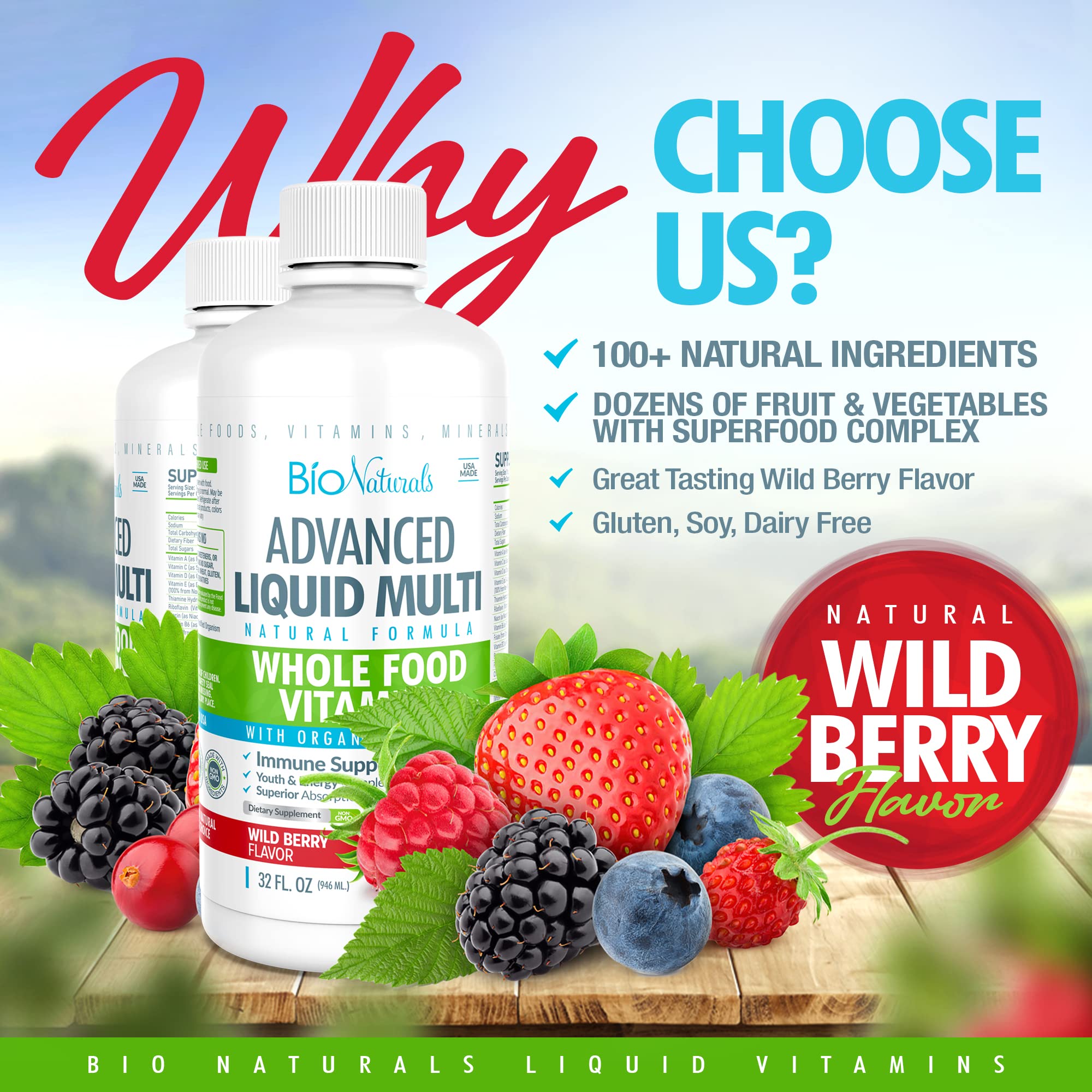 Bio Naturals Liquid Multi label closeup emphasizes 100+ ingredients for balanced wellness.