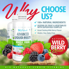 Bio Naturals Liquid Multi label closeup emphasizes 100+ ingredients for balanced wellness.