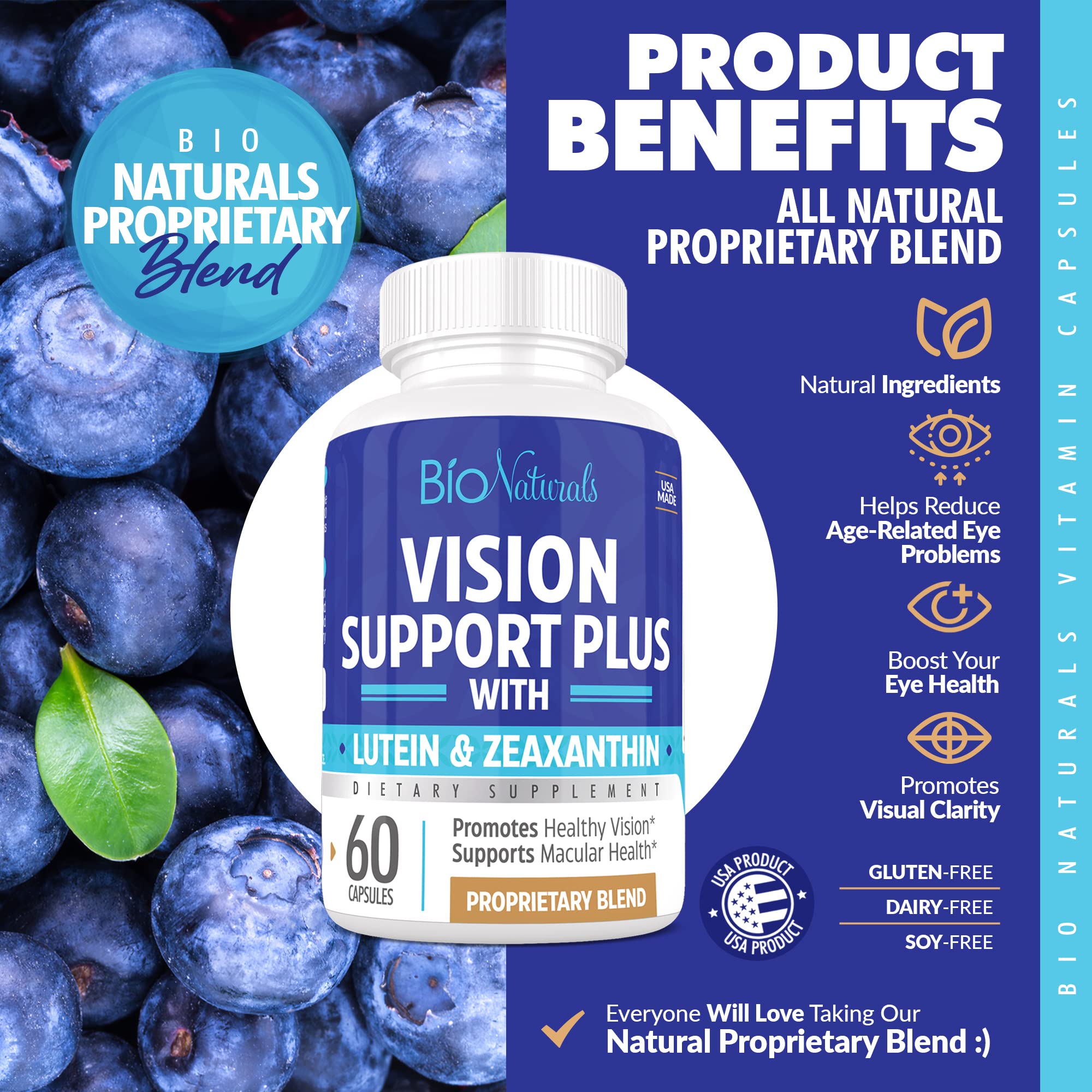Bio Naturals Vision Formula ingredients spread emphasizing lutein and zeaxanthin.