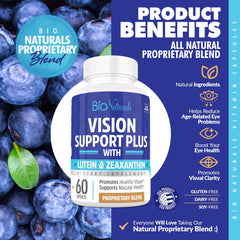 Bio Naturals Vision Formula ingredients spread emphasizing lutein and zeaxanthin.