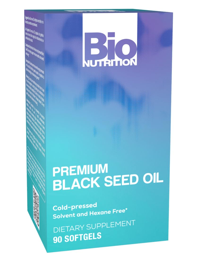 Bio Nutrition Black Seed softgels bottle on shelf offering essential fatty acids and antioxidant support.