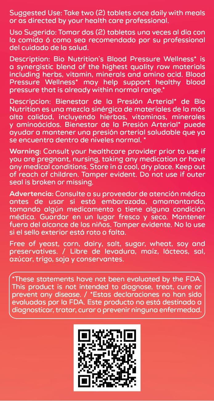 Daily-use design of Bio Nutrition Blood Pressure Wellness Tabs supports routine.