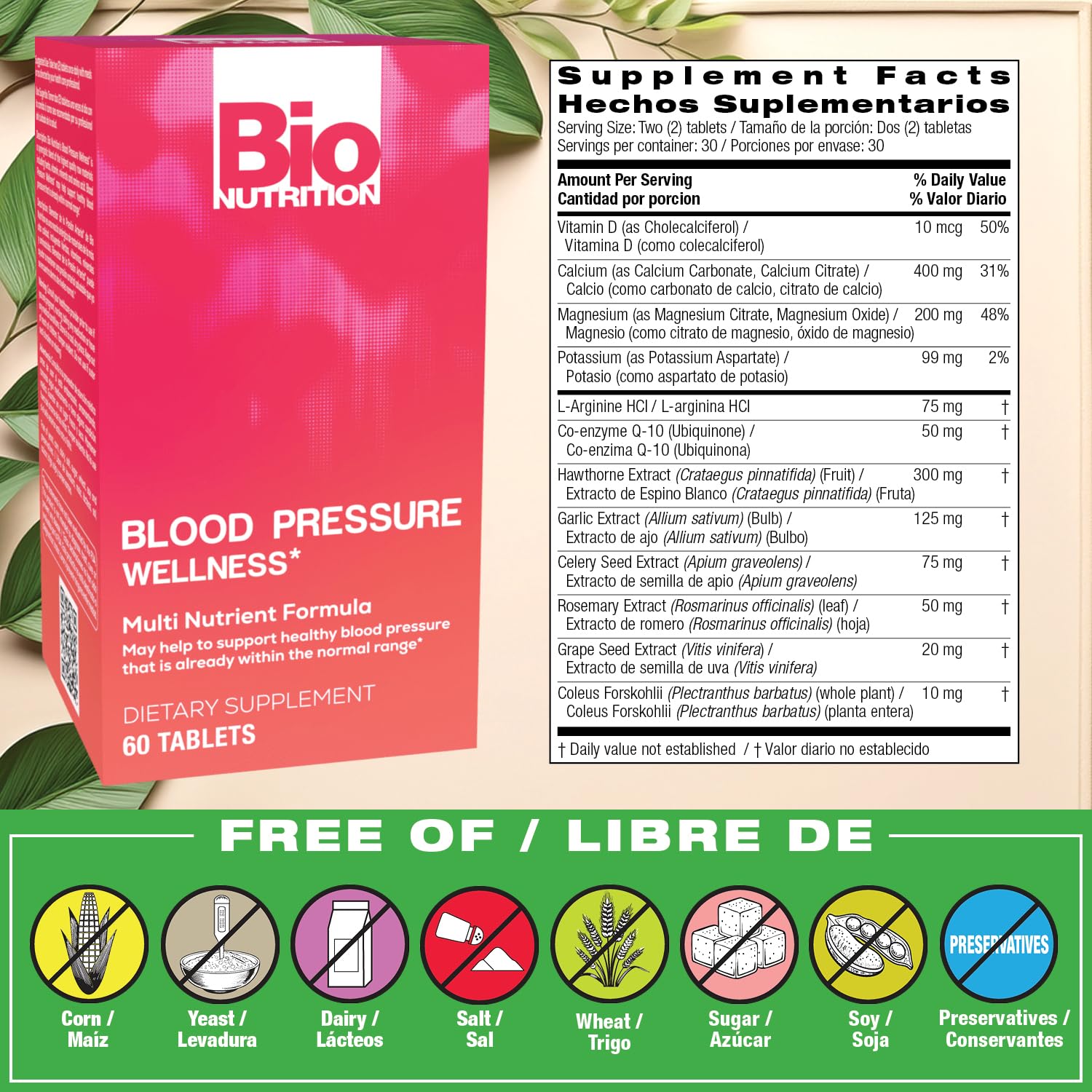 Close-up of Bio Nutrition Blood Pressure Wellness Tabs tablets for easy daily use.