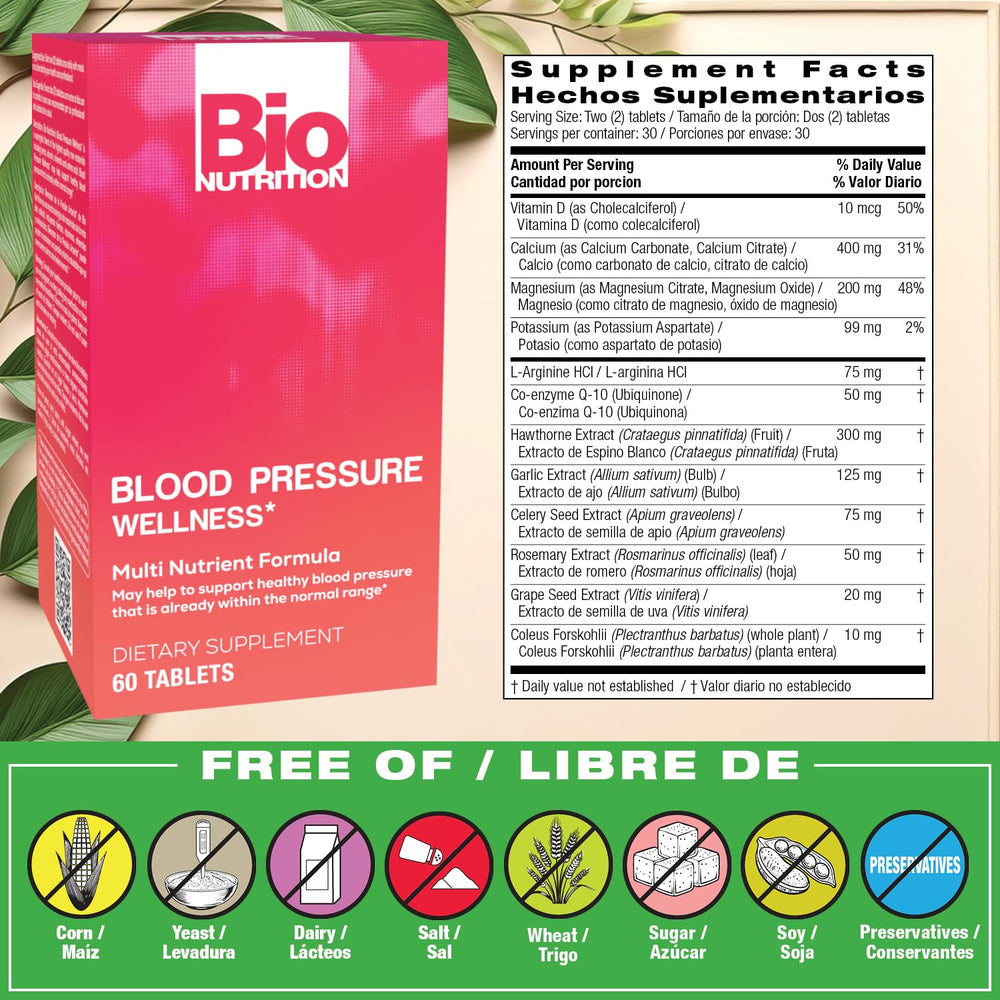 Close-up of Bio Nutrition Blood Pressure Wellness Tabs tablets for easy daily use.