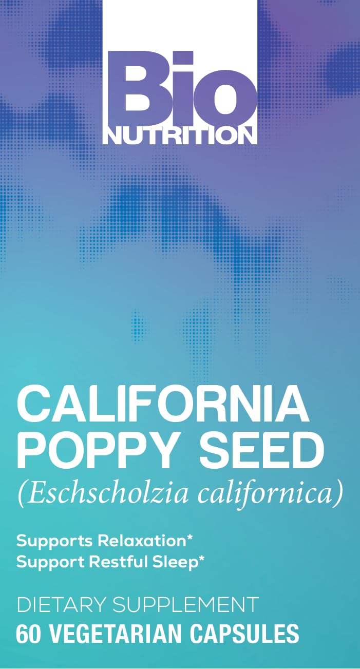 Bio Nutrition California Poppy Vegi-Caps capsules on a surface for daily use.