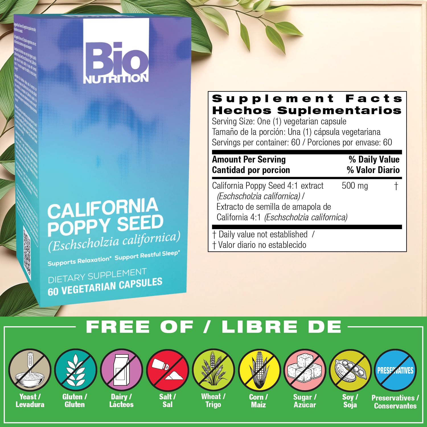 Bio Nutrition California Poppy Vegi-Caps label closeup reveals ingredients and details.