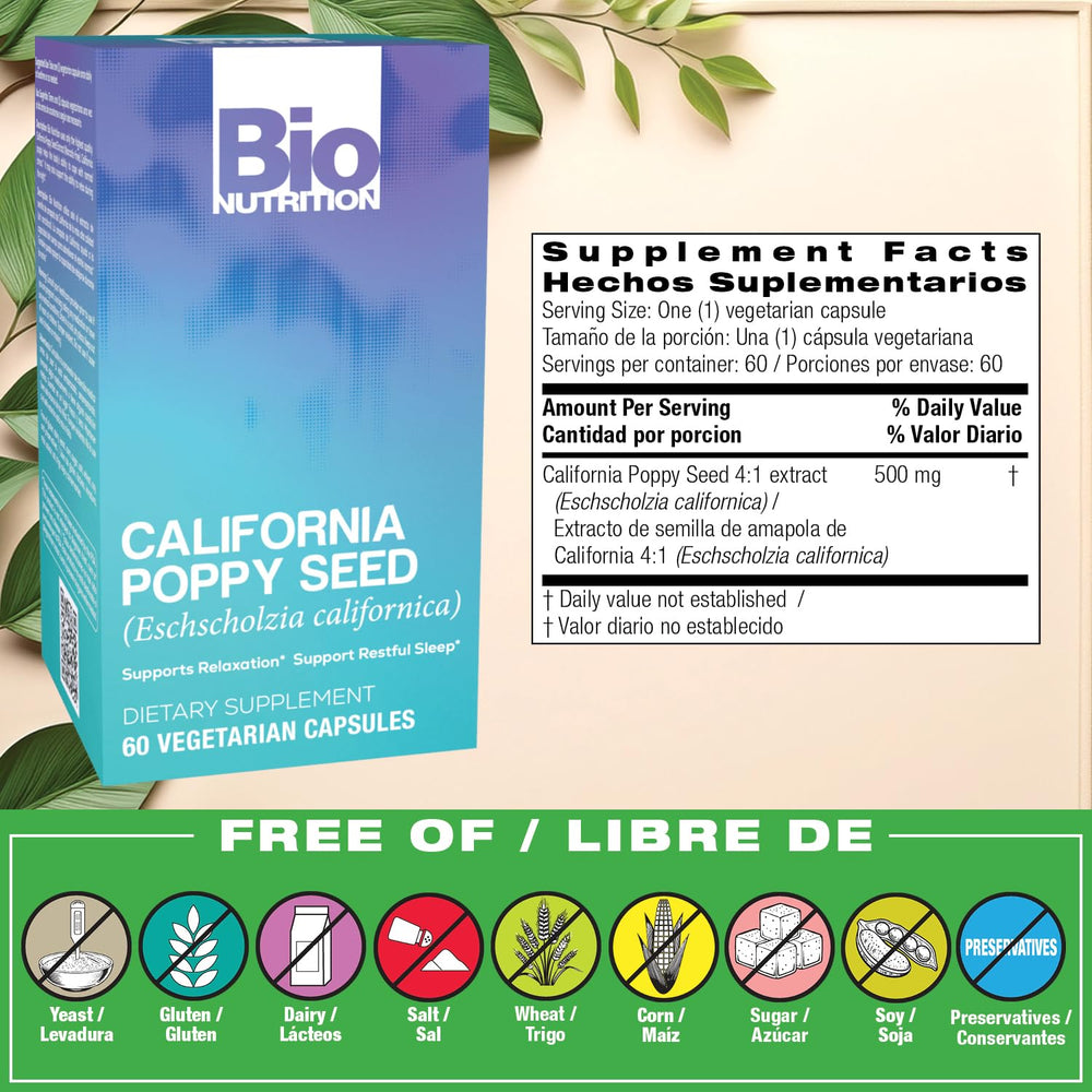 Bio Nutrition California Poppy Vegi-Caps label closeup reveals ingredients and details.