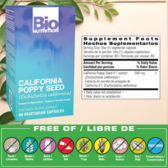 Bio Nutrition California Poppy Vegi-Caps label closeup reveals ingredients and details.