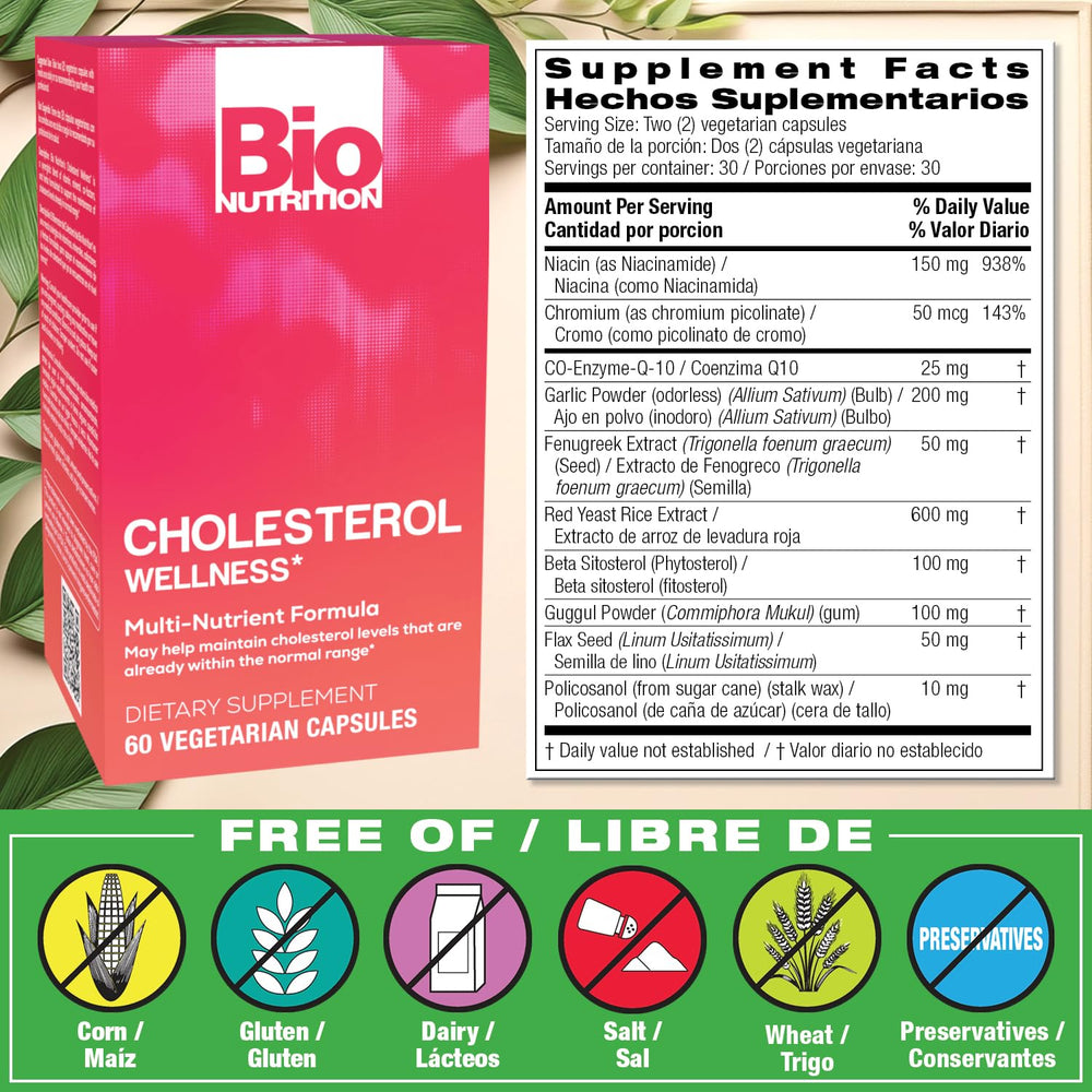Bio Nutrition Cholesterol Wellness capsules close-up, easy-to-swallow vegan shell