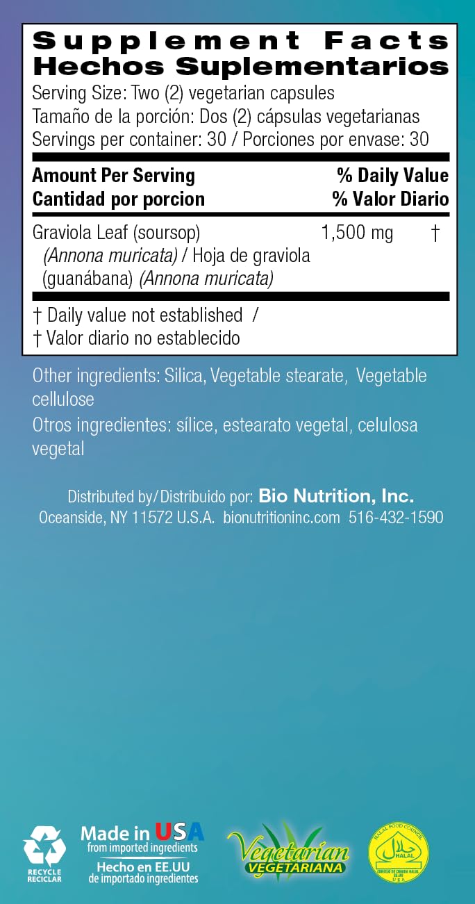 Bio Nutrition Graviola nutrition facts panel showing 1500 mg per serving