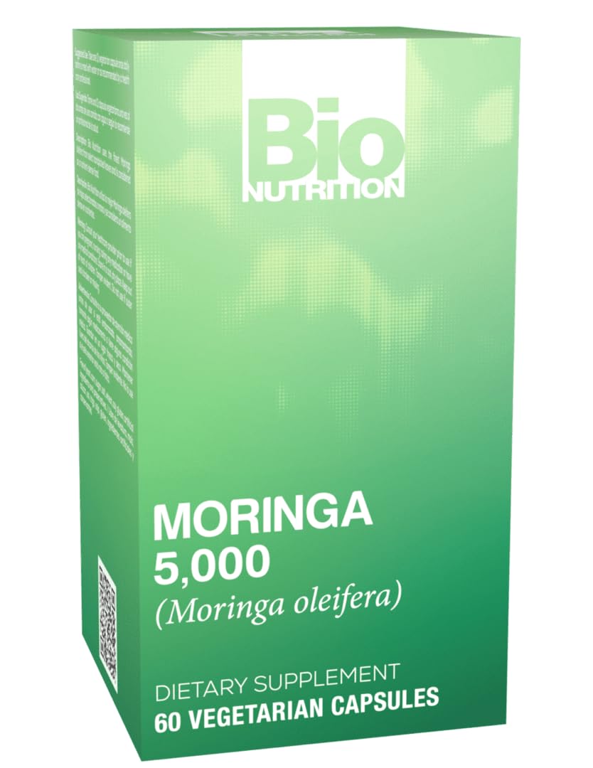 Bio Nutrition Moringa 5000mg bottle front view with capsules for daily energy.