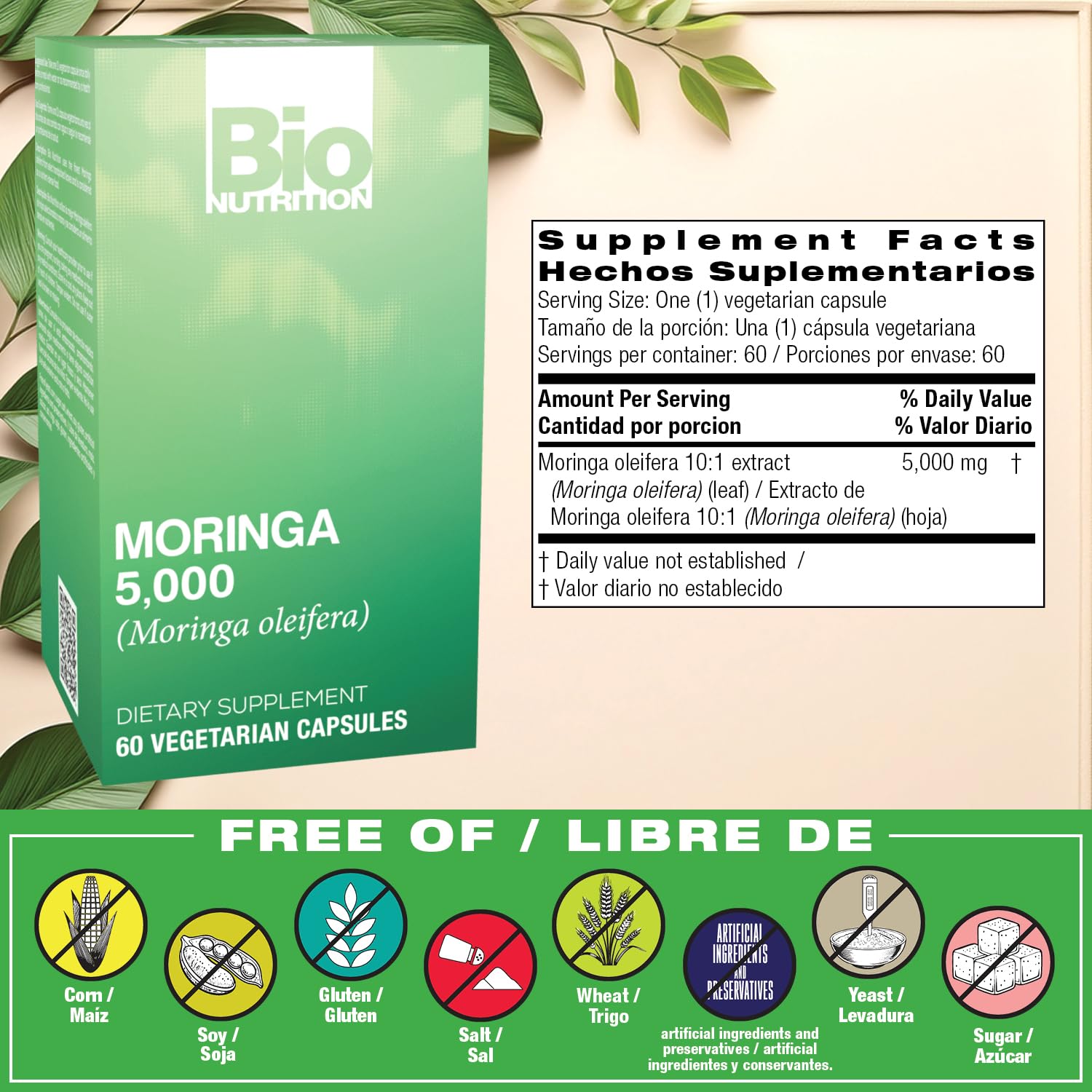 Bio Nutrition Moringa 5000mg capsules closeup, supporting daily wellness.