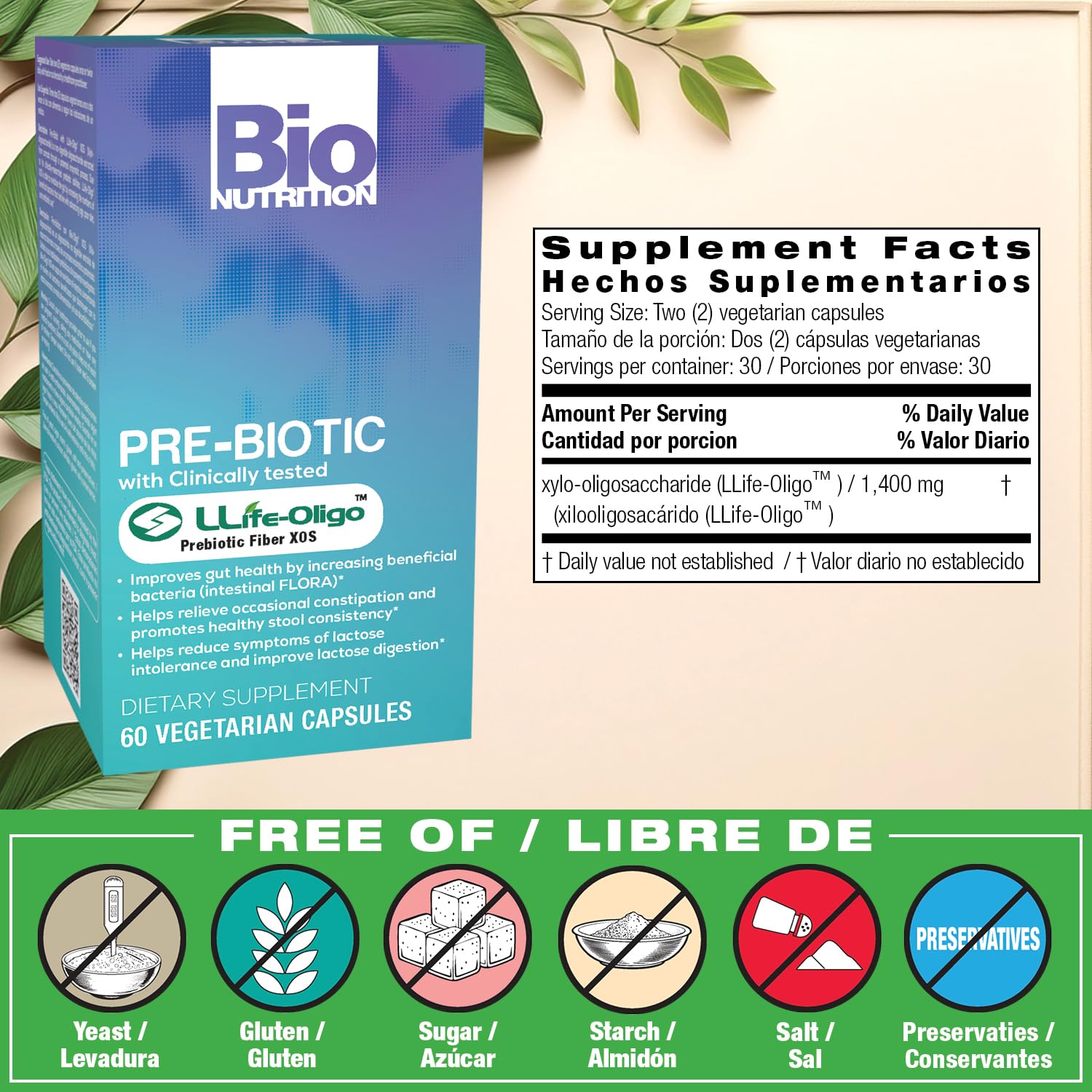 Bio Nutrition Pre-Biotic Life Oligo XOS bottle label highlights plant-based fiber benefits.