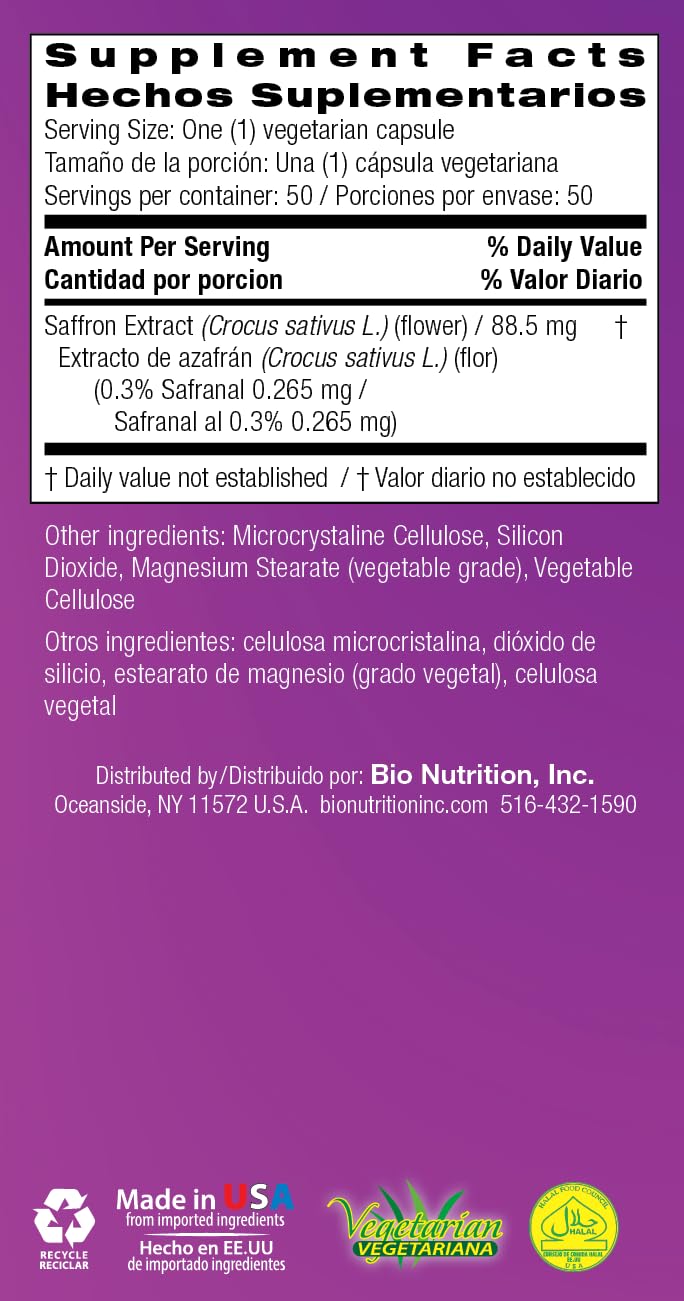 Bio Nutrition Standardized Saffron Vegi-Caps dosage guidance graphic