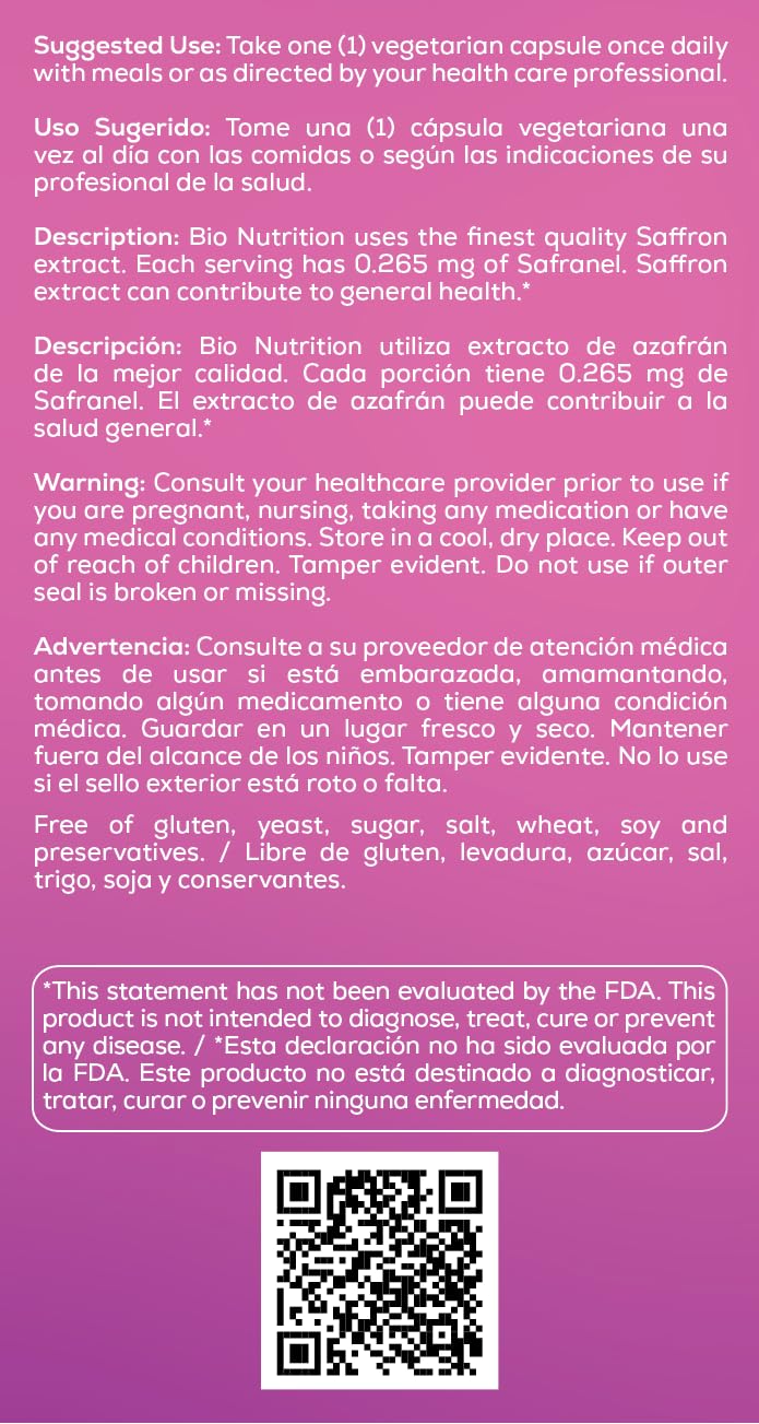 Bio Nutrition Standardized Saffron Vegi-Caps label and ingredients for vegetarian-friendly use
