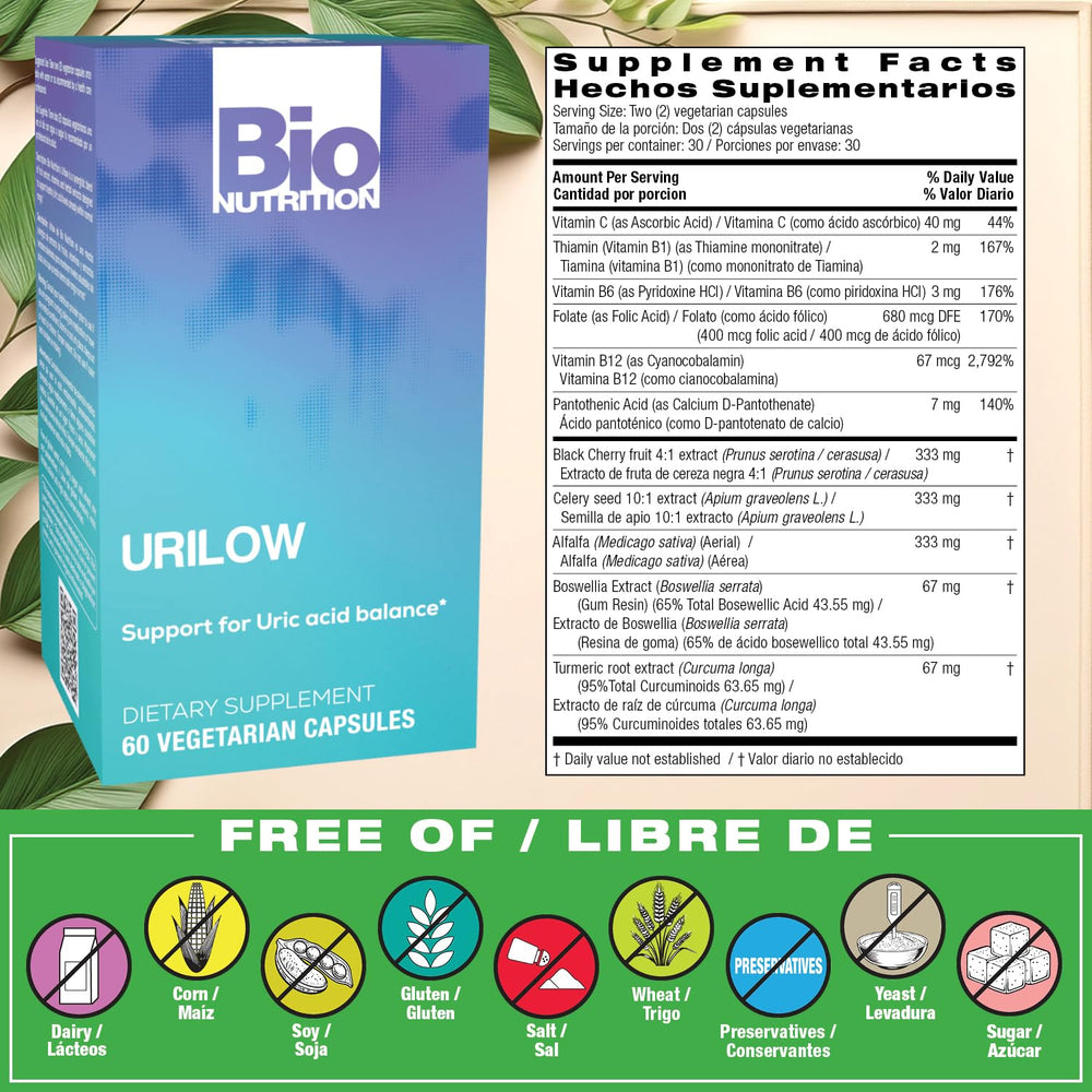 Bio Nutrition Urilow capsules closeup; easy-to-swallow Vegi-Caps for daily use.