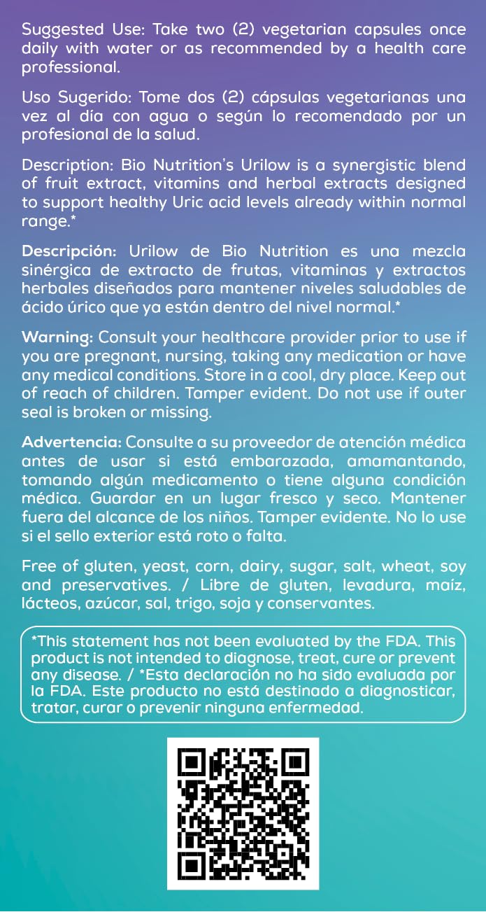 Bio Nutrition Urilow packaging box; halal and vegetarian labeling.