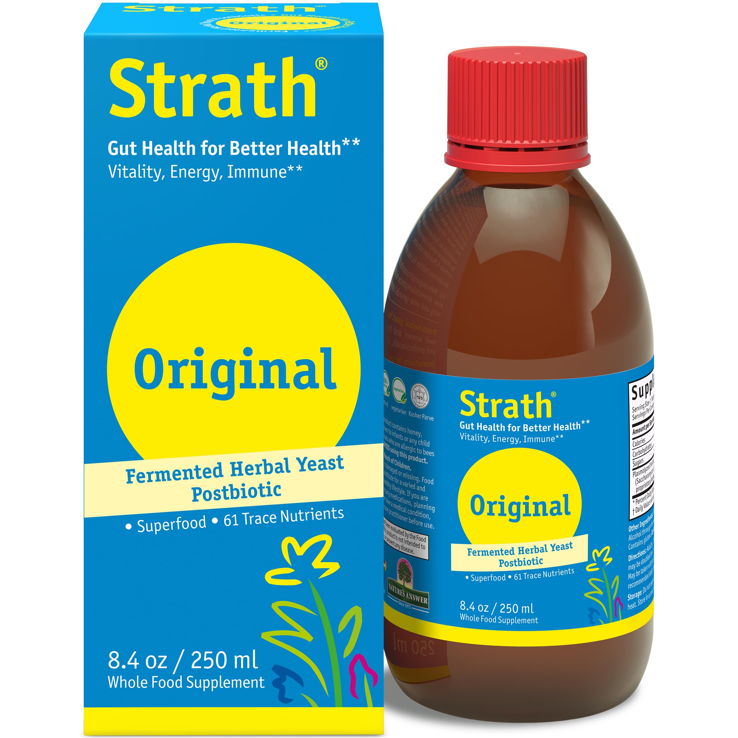 Bio-Strath fermented herbal yeast bottle shows daily-energy support and metabolism-friendly formula