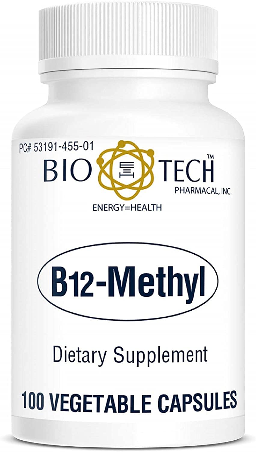 Bio-Tech Pharmacal B12-Methyl capsules, bottle on desk, supports energy production.