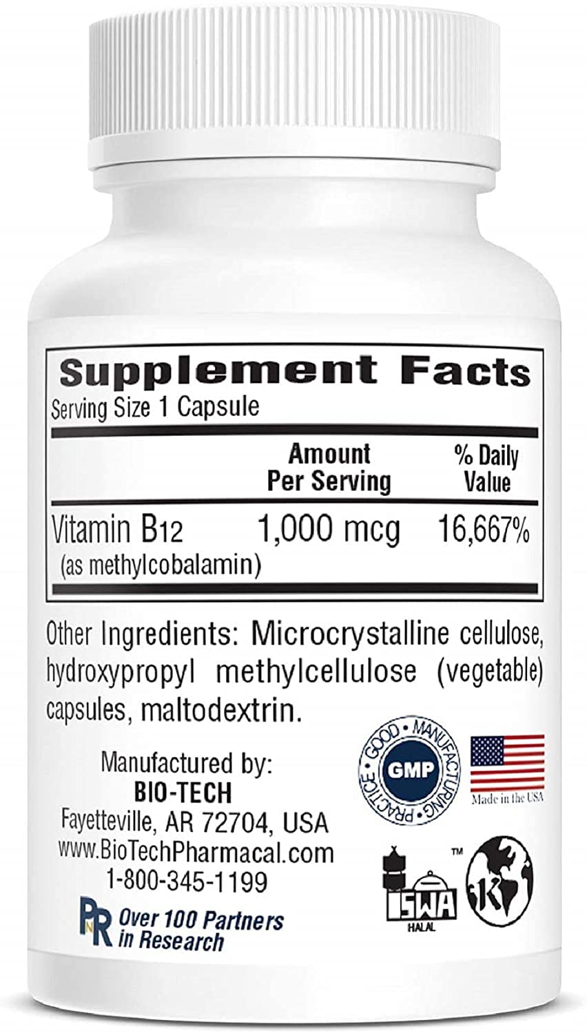Bio-Tech Pharmacal B12-Methyl daily-use bottle on kitchen counter, convenient daily supplement.