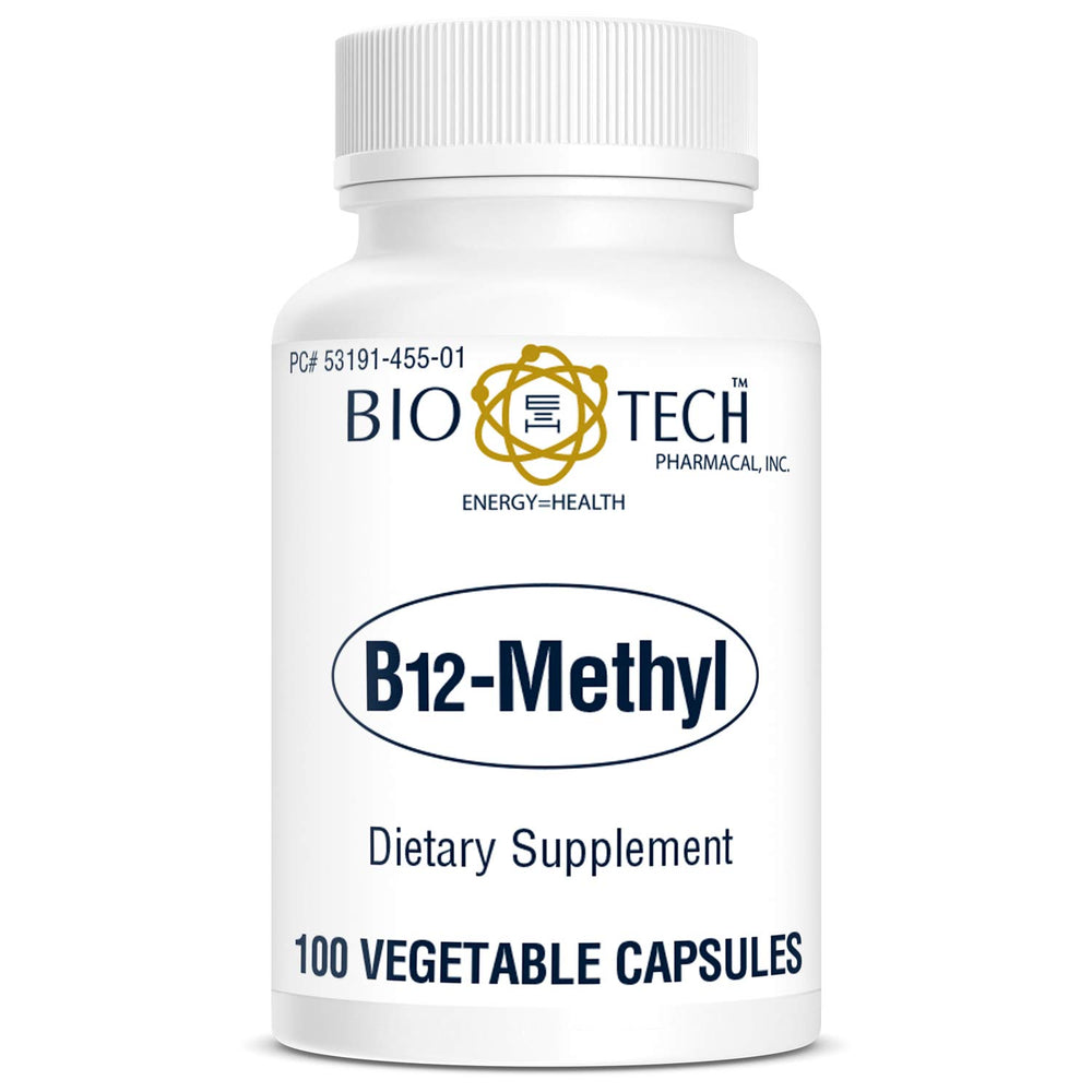 Bio-Tech Pharmacal B12-Methyl tablet stack, supports DNA synthesis and immune function.