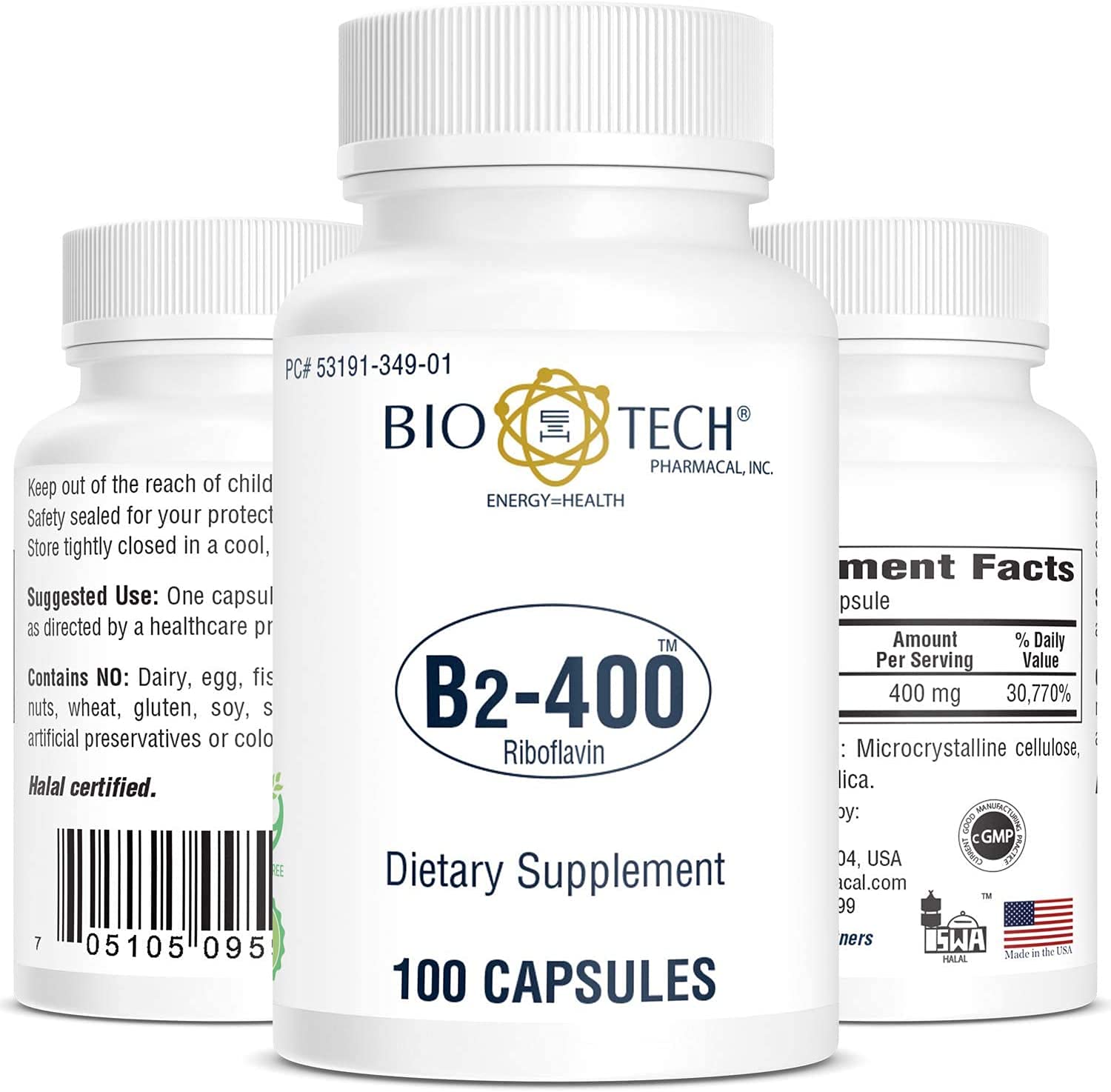 Bio-Tech Pharmacal B2-400 bottle on shelf emphasizing dairy-free and GMO-free formulation