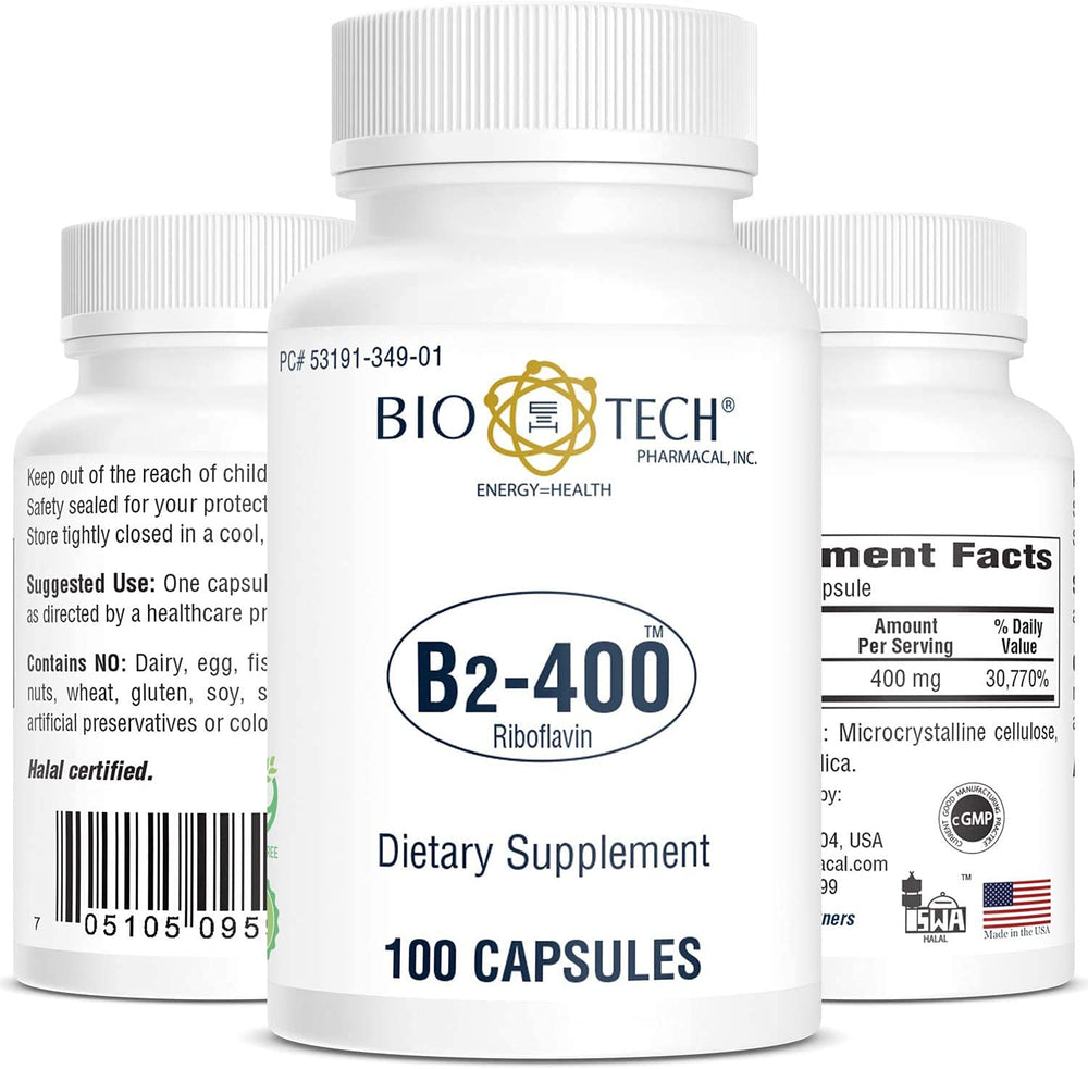 Bio-Tech Pharmacal B2-400 bottle on shelf emphasizing dairy-free and GMO-free formulation