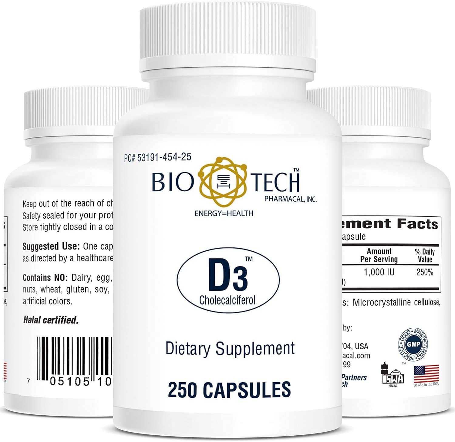 Bio-Tech Pharmacal D3-5 bottle label highlights allergen-free, halal-certified formulation